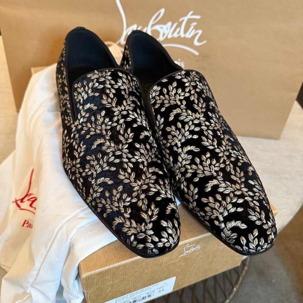 Christian Louboutin 1240896 Dandy Chick Orlato Shoe, Embroidered Black Velvet 43